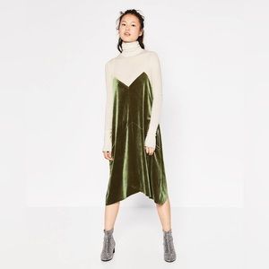 Zara Green Velvet Midi Dress with Pink Mesh